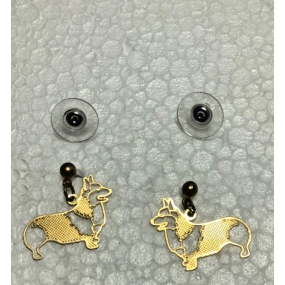 Corgi Dog Gold Toned Earrings Pierced Ears 1"